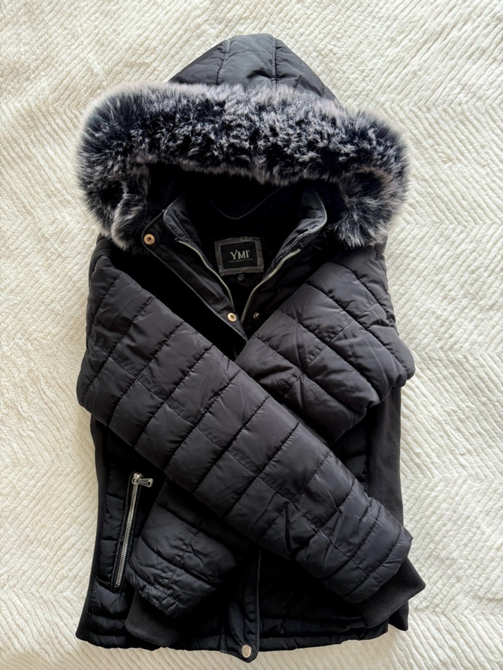 YMI Black Quilted Jacket with Faux Fur Trim Hood